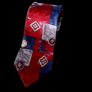 Pierre Cardin Vtg 80s/90s Mens Tie Silk Geometric Mod Red Blue Gray USA Made